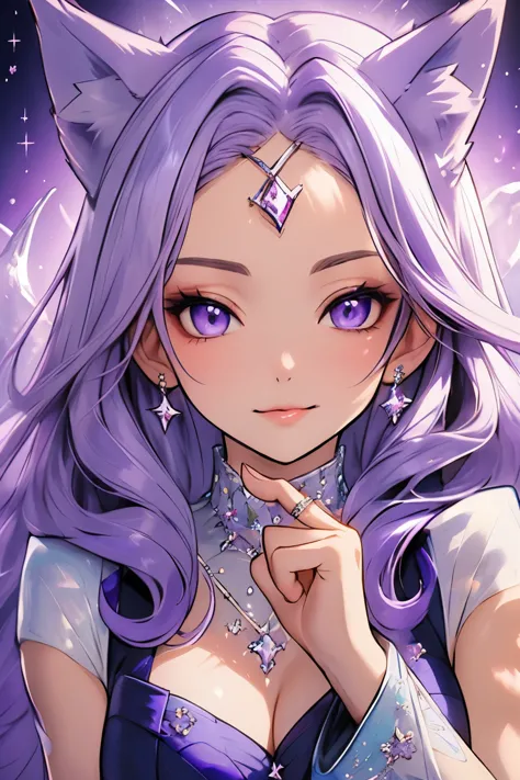 ((best quality)), ((masterpiece)), (detailed), detailed eyes, detailed hands, close up image of her face, female, light purple h...