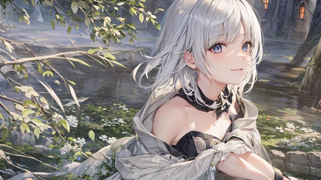 Ultra HD,Look at the viewers, Put your hands behind your back, With a girl, 20-year-old, 非常にShort Hair, Long bangs between the eyes, Pale blue eyes, Very detailed,(masterpiece、Highest quality),Gray Hair、Laughter、Fantastic, Silver Hair, Iris, Short hair、 Fluttering Hair、Small Face、明るいsmile、(Detailed face) ,Professional Lighting,Wonderful landscape,blue sky, sunlight,Looking down from above,Portraiture、Open your mouth、Flower Field、Her eyes were shining、Mysterious and enchanting atmosphere。With AI Painting、とてもShort Hair, Long bangs between the eyes, Very detailed,(masterpiece、Highest quality)、alone、Gray Hair、Fantasy, Silver Hair, Fantasyな風景、smile、Open your mouth、short hair、Short Hair、hairpin、black eye、Grey Eyes、Beautiful Eyes、Black Shirt、White hoodie