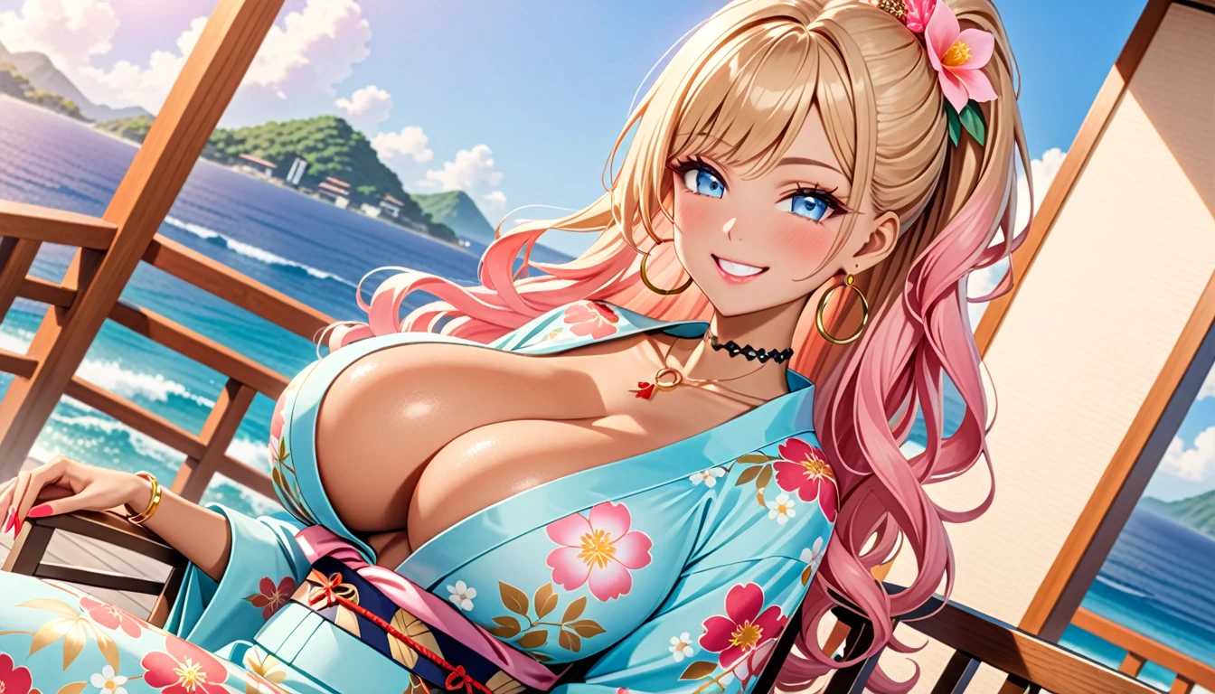 ultra-detailed, ((one girl)), (portrait), (tan skin:1.5), in pastel colors gyaru, (heavy makeup), (professional lighting) hyper detailed, absurdres, 8k, Beautiful Face, (Laugh shyly), ((teasing smile:1.6)), ((happy smile:1.5)),  ((Wink:1.5)), (Laugh with your mouth wide open),((Tilt your face:1.6)), View your viewers, ((Bright red cheeks:1.6)),Glossy shocking pink lips, ((huge breasts:1.6)),  (undressing), ((Her tattoo peeked through her kimono:1.2)), noon, summer, Luxury resort with ocean view, ((Anime style background)),masterpiece, Highest quality, (Brighten your face), so beautiful,Latest, Complex details, ((fluorescent pink long nail:1.2)), (ring),(bracelet), (Floral Choker),AI-generated, Complex,High resolution, Highest quality, super high quality,3D Images、3D Images,One person, (blond long hair), (High Ponytail), (wavy hair:1.4), Anime woman posing for a photo, ((Fine grain、blue eyes、glowing eyes:1.4)), (Squint your eyes:1.1),a hyperRealistic , hyperRealistic , Realistic,Anime woman with long honey blonde hair, Smooth anime CG art, A girl in a gorgeous pastel-colored kimono, ((Pastel-colored furisode)),(Pink large floral pattern),  (sideboob), Long flower hair ornament,large gold hoop earrings, Mature Body, tall,Narrow waist, Sit on a chair, front view,((dutch angle)), (upper body), 