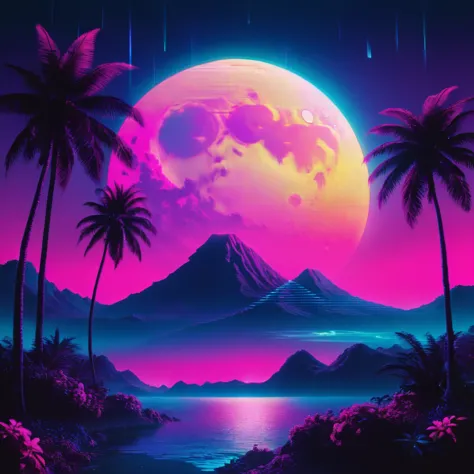 record,vaporwave aesthetic style, synthwave,moon