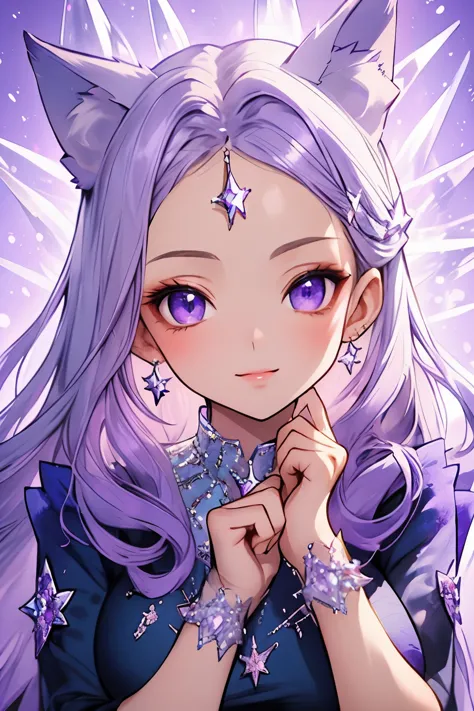 ((best quality)), ((masterpiece)), (detailed), detailed eyes, detailed hands, close up image of her face, female, light purple h...