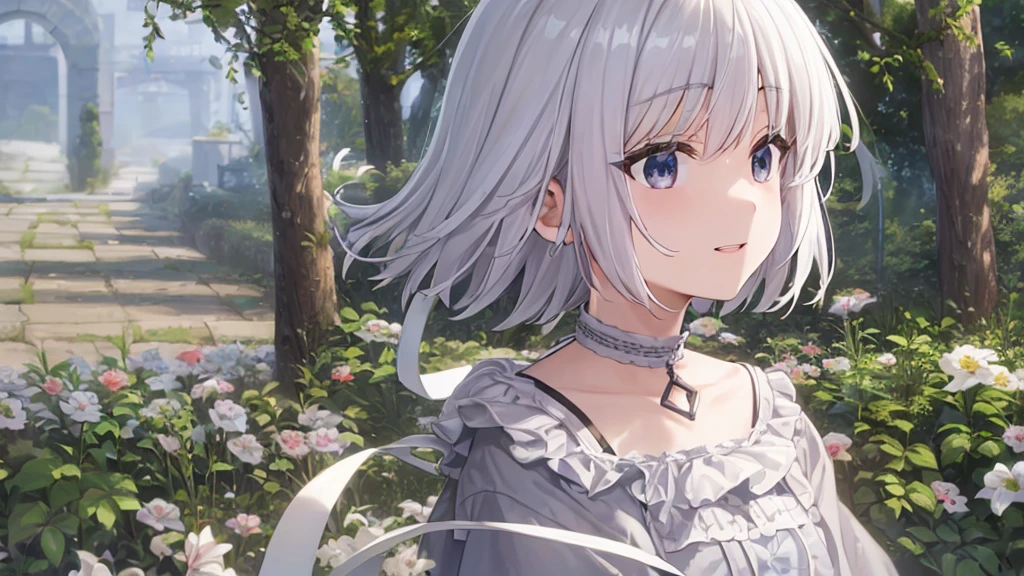 Ultra HD,Look at the viewers, Put your hands behind your back, With a girl, 20-year-old, 非常にShort Hair, Long bangs between the eyes, Pale blue eyes, Very detailed,(masterpiece、Highest quality),Gray Hair、Laughter、Fantastic, Silver Hair, Iris, Short hair、 Fluttering Hair、Small Face、明るいsmile、(Detailed face) ,Professional Lighting,Wonderful landscape,blue sky, sunlight,Looking down from above,Portraiture、Open your mouth、Flower Field、Her eyes were shining、Mysterious and enchanting atmosphere。With AI Painting、とてもShort Hair, Long bangs between the eyes, Very detailed,(masterpiece、Highest quality)、alone、Gray Hair、Fantasy, Silver Hair, Fantasyな風景、smile、Open your mouth、short hair、Short Hair、hairpin、black eye、Grey Eyes、Beautiful Eyes、Black Shirt、White hoodie