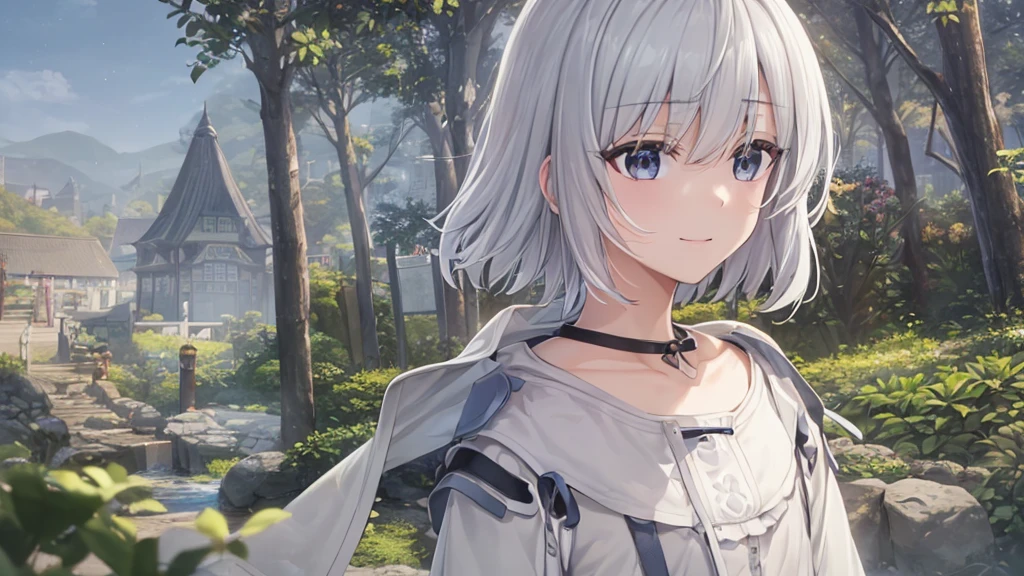 Ultra HD,Look at the viewers, Put your hands behind your back, With a girl, 20-year-old, 非常にShort Hair, Long bangs between the eyes, Pale blue eyes, Very detailed,(masterpiece、Highest quality),Gray Hair、Laughter、Fantastic, Silver Hair, Iris, Short hair、 Fluttering Hair、Small Face、明るいsmile、(Detailed face) ,Professional Lighting,Wonderful landscape,blue sky, sunlight,Looking down from above,Portraiture、Open your mouth、Flower Field、Her eyes were shining、Mysterious and enchanting atmosphere。With AI Painting、とてもShort Hair, Long bangs between the eyes, Very detailed,(masterpiece、Highest quality)、alone、Gray Hair、Fantasy, Silver Hair, Fantasyな風景、smile、Open your mouth、short hair、Short Hair、hairpin、black eye、Grey Eyes、Beautiful Eyes、Black Shirt、White hoodie