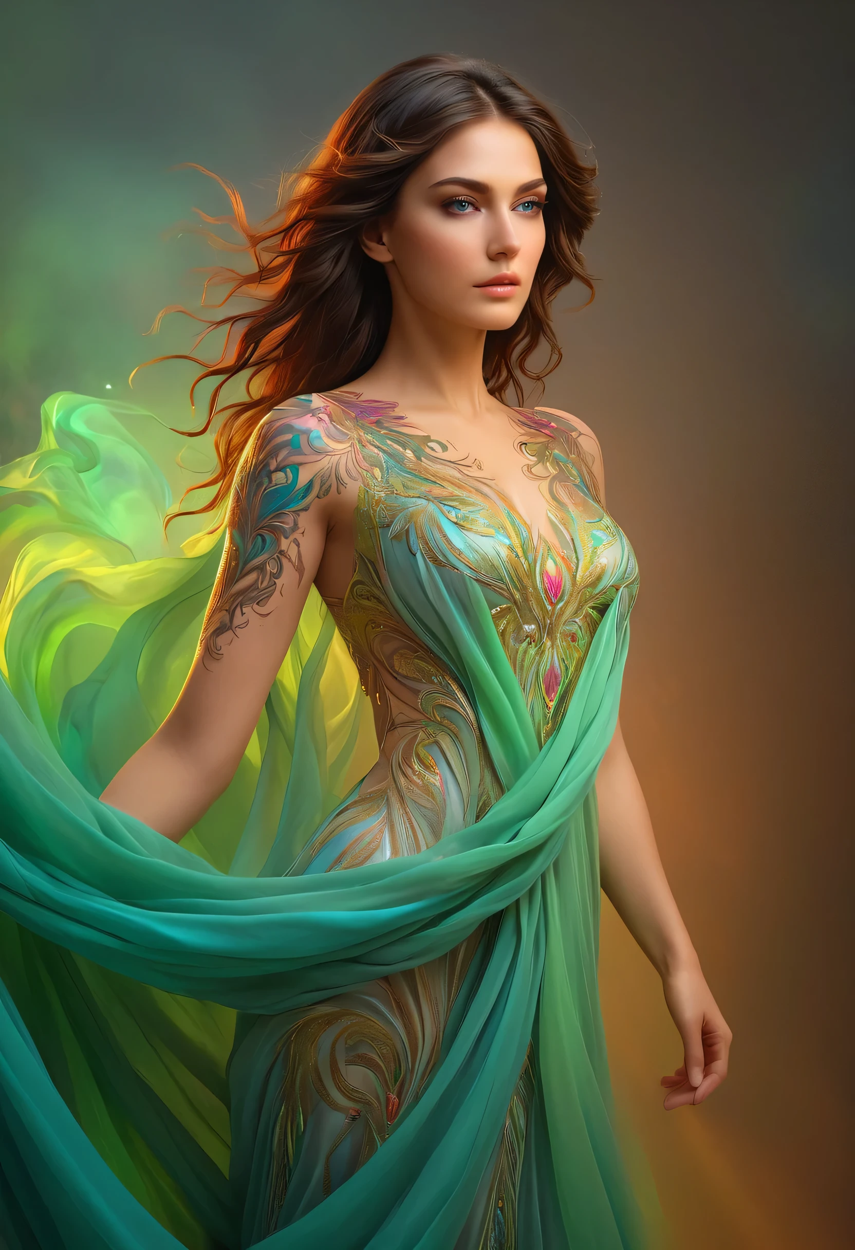 (best quality, 4k, 8k, high resolution, masterpiece: 1.2), ultra-detailed, (ultra-realistic, photorealistic, photorealistic: 1.37) a beautiful young brunette with a complex and colorful phoenix tattoo on her arm, 18 years old, Beauty amazing, intricate detailed fractal tattoo, realistic detailed color tattoo, highly detailed body art, delicate female portrait, flawless skin, fair skin, green eyes, elegant facial features, flowing loose hair, iridescent energy splash background, dynamic pose, almost transparent dress draped over shoulders, dramatic shadows, vibrant colors, fantasy art, digital painting, concept art, hyperrealistic, 8k, best quality, back to viewer, delicate fractal tattoo, professional photography, high quality, detailed, photorealistic, lighting soft natural, warm color palette, serene atmosphere, intricate tattoo details, graceful pose,