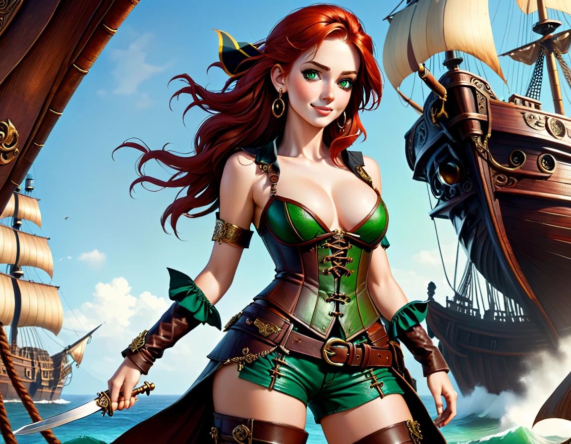 (Artwork), best quality, expressive eyes, perfect face, (pirate ship background), (standing), (smug smile), (close up view), (1 girl, freckled skin, glowing skin, red hair, green eyes, hourglass figure, thin body, skinny body, petite_body, medium breasts, thick thighs, long nails, hoop earrings, bare breasts, black leather corset below the breasts, brown leather shorts, brown boots, cleaver sword sheathed, flintlock pistol in holster, hoop earrings, miscellaneous jewelry) thong straps
