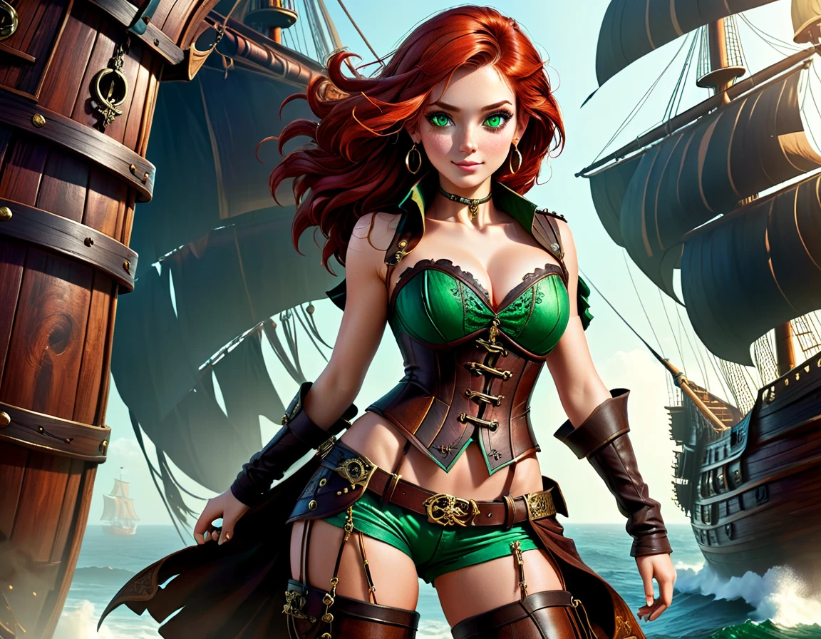 (Artwork), best quality, expressive eyes, perfect face, (pirate ship background), (standing), (smug smile), (close up view), (1 girl, freckled skin, glowing skin, red hair, green eyes, hourglass figure, thin body, skinny body, petite_body, medium breasts, thick thighs, long nails, hoop earrings, bare breasts, black leather corset below the breasts, brown leather shorts, brown boots, cleaver sword sheathed, flintlock pistol in holster, hoop earrings, miscellaneous jewelry) thong straps
