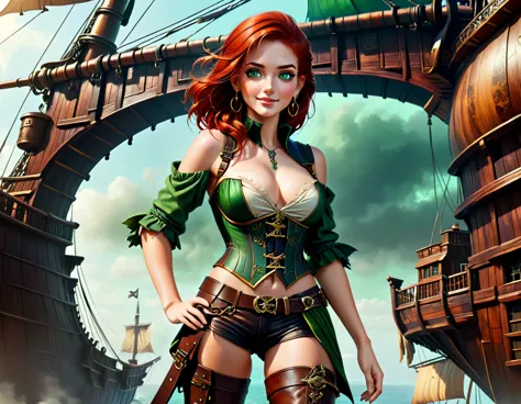 (Artwork), best quality, expressive eyes, perfect face, (pirate ship background), (standing), (smug smile), (close up view), (1 ...