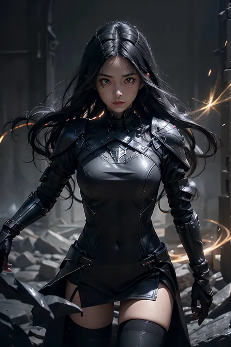 Dark-haired Scandinavian girl wearing half-plate armor and a frilly skirt over a skin-tight black bodysuit, (Long black hair:1.4...