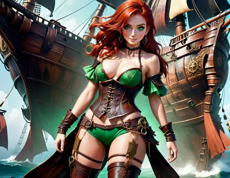 (Artwork), best quality, expressive eyes, perfect face, (pirate ship background), (standing), (smug smile), (close up view), (1 ...