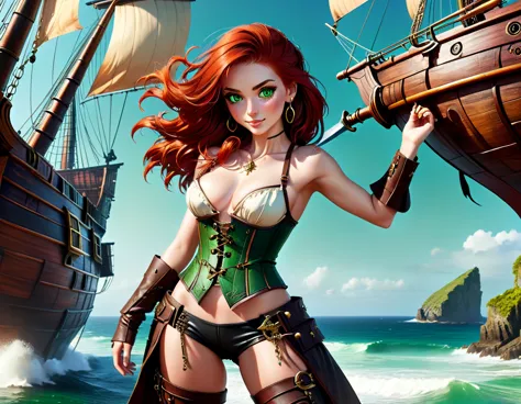 (Artwork), best quality, expressive eyes, perfect face, (pirate ship background), (standing), (smug smile), (close up view), (1 ...