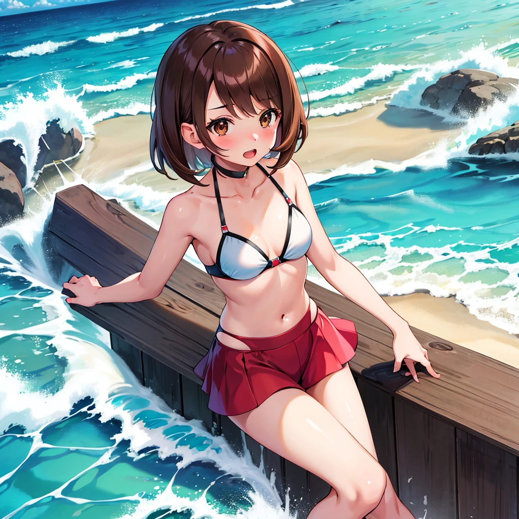 masterpiece, Highest quality, High resolution, Gloria1, 1 Girl, Gloria\(Pokémon\), Brown Hair, , Brown Eyes, , Short Hair, , Bobcut, bangs, , 　１Describe a girl carefully　１Girl　Alluring expression　blush　Open Mouth　blush　beach　Ocean　Sexy Bikini