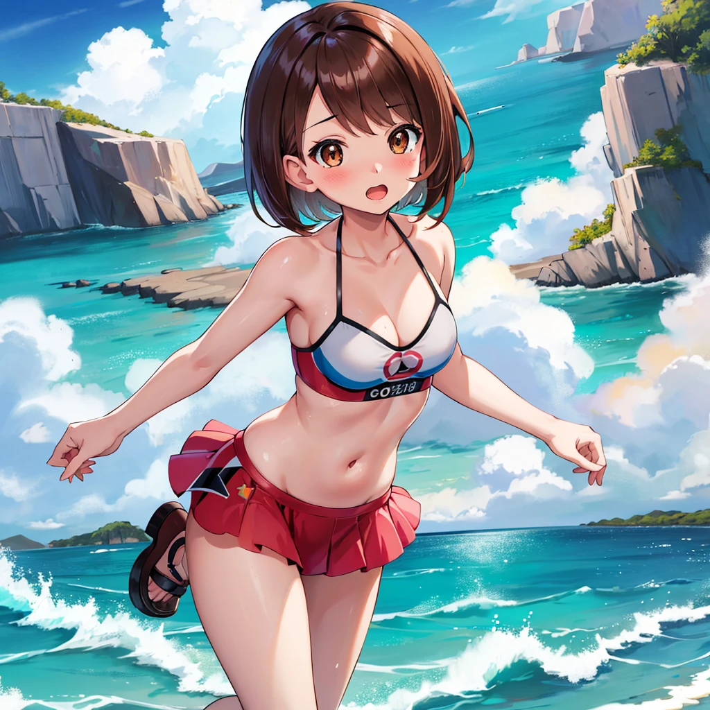 masterpiece, Highest quality, High resolution, Gloria1, 1 Girl, Gloria\(Pokémon\), Brown Hair, , Brown Eyes, , Short Hair, , Bobcut, bangs, , 　１Describe a girl carefully　１Girl　Alluring expression　blush　Open Mouth　blush　beach　Ocean　Sexy Bikini