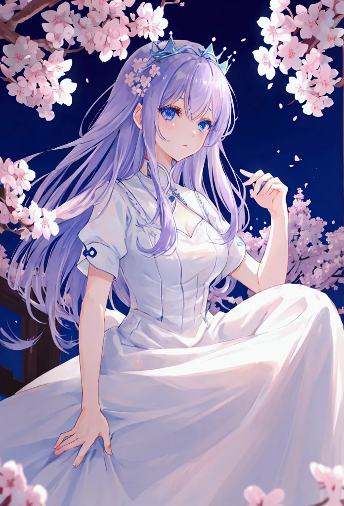 pale violet color hair, blue eyes, navy color crown, white dress, cherry blossom, night