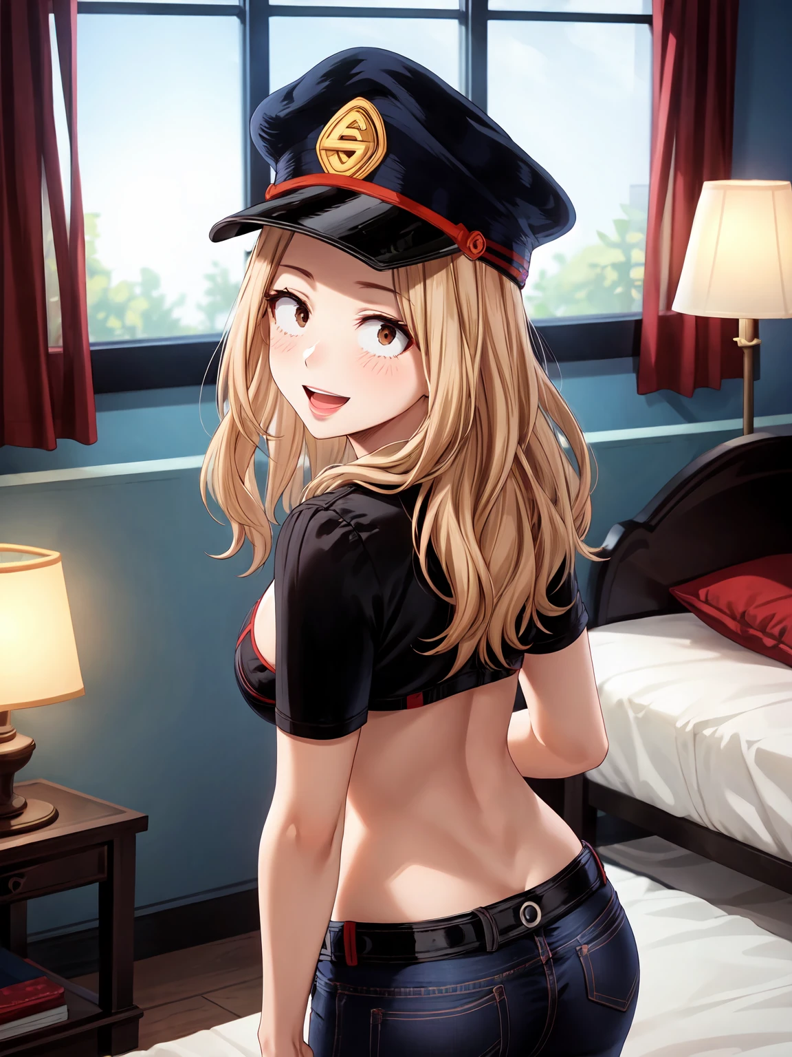 Masterpiece ,best quality , high resolution , (face view , look at view , head back , from back , from behind) , (1 girl solo:1.38) , (camie, long hair, brown hair, brown eyes, peaked cap , lipstick , eyeliner)) , (slim , tall , slender , thin) , (cleavage:1.05) , (big breast:1.06) , (wear bikini , denim_micro_short , fishnet stockinhs) , (indoor , windows , bedroom , night , lamp ) , (open mouth , smile , full face blush , shy ) , (standing , thighs ) , (cowboy_shot)