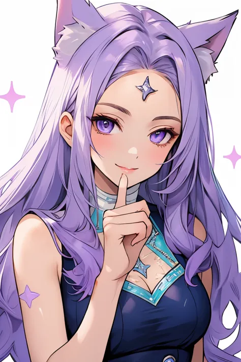 ((best quality)), ((masterpiece)), (detailed), detailed eyes, detailed hands, close up image of her face, female, light purple h...