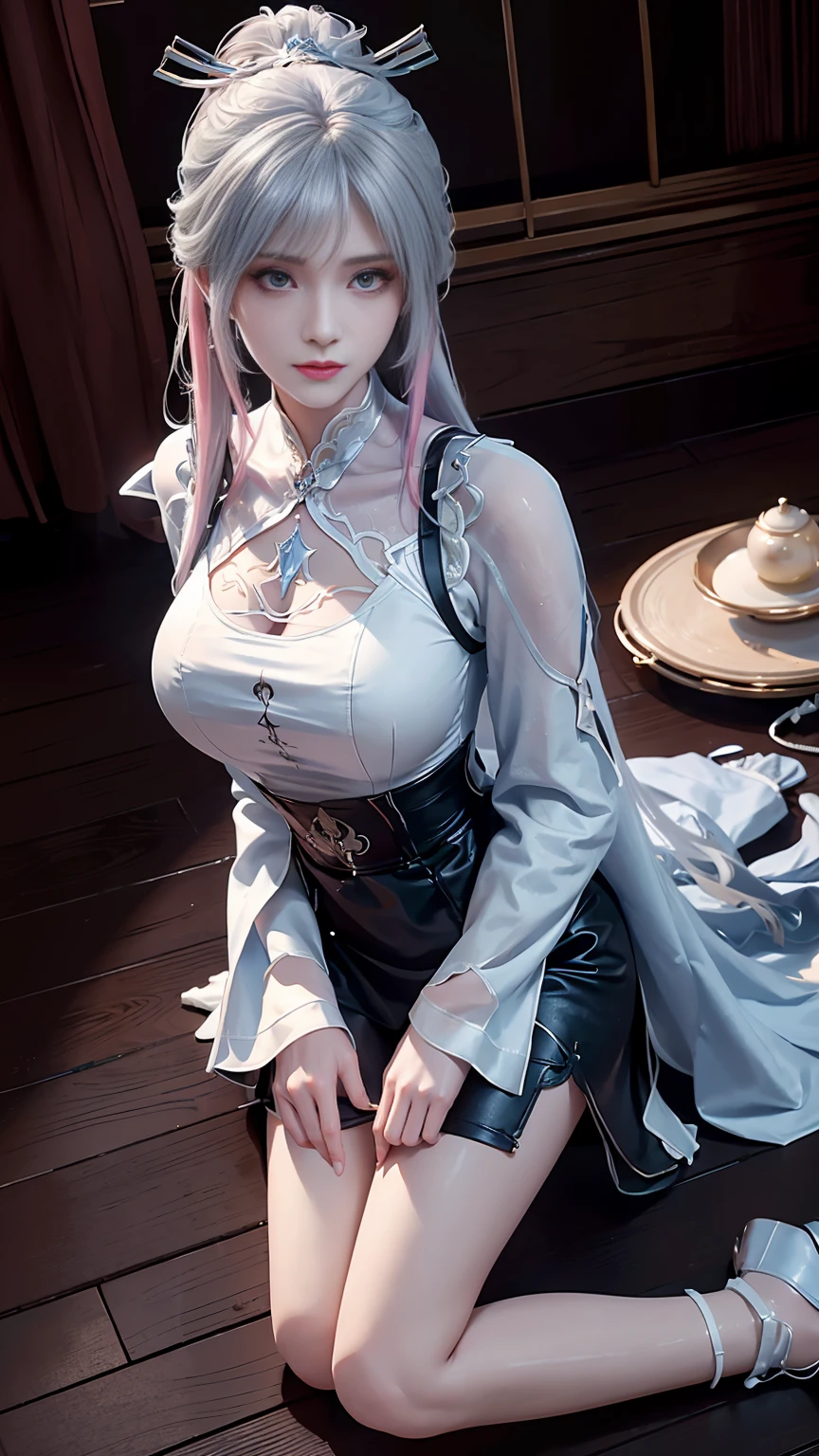 a black hair、Close-up of Miss wearing white mask, Beautiful character painting, Gu Weiss, Gurwitz-style artwork, White-haired god, author：Yang Jie, Epic and beautiful character art, Stunning character art, author：Fan Qi, by Wuzhun Shifan, pixiv Art Street Guviz, Single ponytail, insult, High Ponytail, Tall and big, Long legs, (Sleeveless lace shirt), (shorts), (Striped )), ((Striped )), Walk, elegant, dignified, Miss, Beautiful curves, sweet smile, Strong sense of detail and layering, colour丰富绚丽, Has a unique texture, rich and colourful, colour, vivid, Design Art, 16K, Very detailed, {{illustration}}, {Extremely refined}, {Exquisite surface treatment}, Very detailed, Delicate and shining eyes, {{Light}}, Ultimate light effect, model: Realism, CFG size: 12, Laura: Bright texture (1.35), high quality, masterpiece, Exquisite facial features, Delicate hair depiction, Detailed depiction of the eyes, masterpiece, best quality, Light line tracing, Extremely detailed CG unified 8k wallpaper, masterpiece, best quality,photography, (1 girl), Perfect Miss Body, (((Skinny white T-shirt))), beautiful eyes, (Delicate face), Black short hair, Tie your hair up, Light blue hairpin, Black silk frame glasses, in class, (White skin), (Optimal Lighting), (Super intricate details), 4K Unified, (Very detailed CG), Showing off her white legs, , Hot Pants, shorts,Sexy Long Legs, Thin waist, Sweat is running down my waist, Showing belly, Extremely detailed depiction, Pink Hair, Asymmetrical bangs, Transparent clothes, Hands on thighs, Move your eyes away, 8k resolution, Raise an eyebrow, Shiny hair, flower head, Wristband, bandage，Leather sexy pose, simple grey background, Crawl to the audience, Kitten pose, Get on all fours,