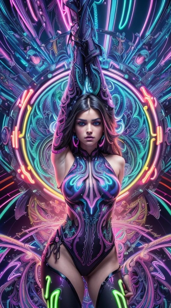 (masterpiece, top quality, Best Quality, official art, beautiful and aesthetic:1.2), (1 girl:1.3), extremely detailed,(fractal art:1.2),colorful,higher details,( Neon zentangle:1.2), (dynamic pose), (Neon abstract background:1.5), (traditional dress:1.2), (shiny skin), (many colors:1.4), upper half of the body ,neons,16k,full hd, blue eyes,