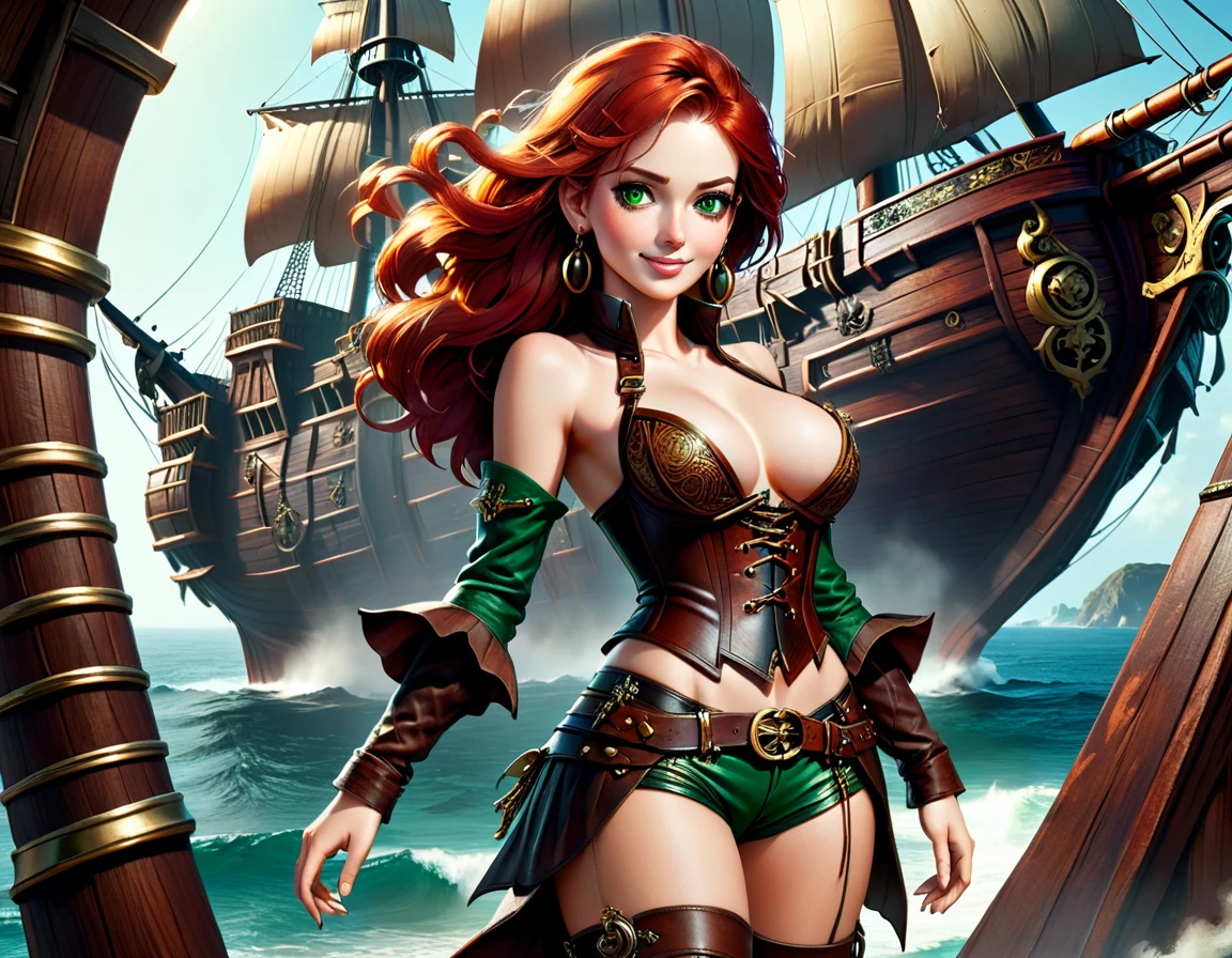 (Artwork), best quality, expressive eyes, perfect face, (pirate ship background), (standing), (smug smile), (close up view), (1 girl, freckled skin, glowing skin, red hair, green eyes, hourglass figure, thin body, skinny body, petite_body, medium breasts, thick thighs, long nails, hoop earrings, bare breasts, black leather corset below the breasts, brown leather shorts, brown boots, cleaver sword sheathed, flintlock pistol in holster, hoop earrings, miscellaneous jewelry) thong straps
