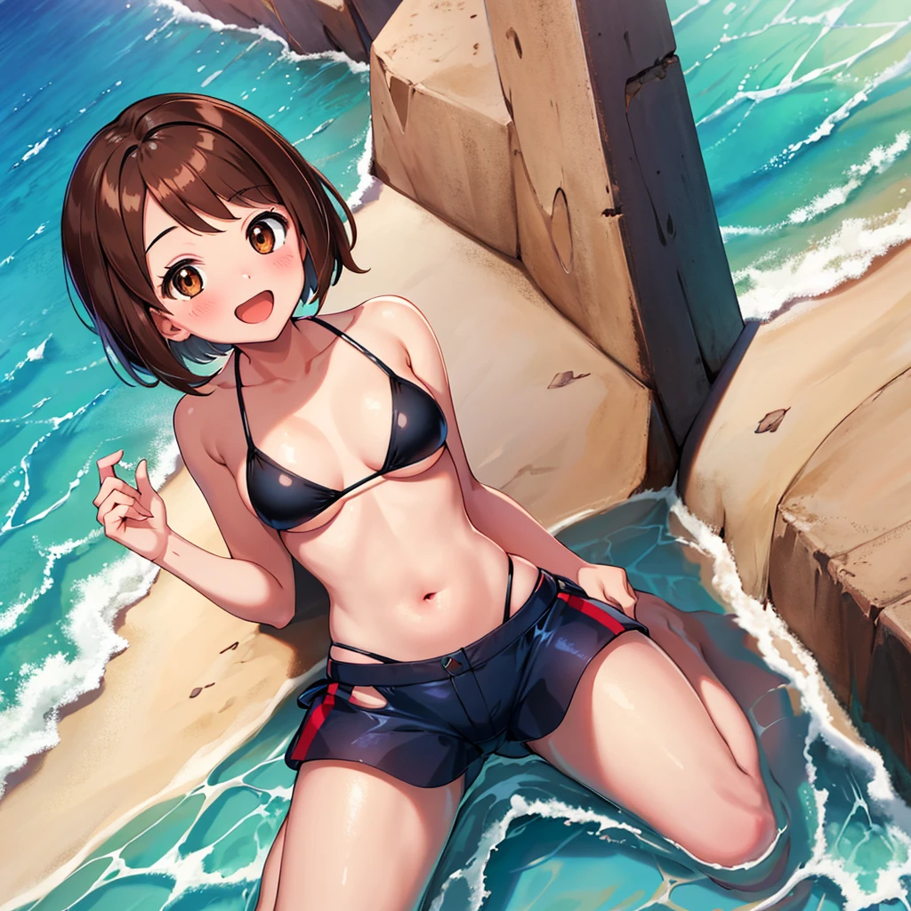 masterpiece, Highest quality, High resolution, Gloria1, 1 Girl, Gloria\(Pokémon\), Brown Hair, , Brown Eyes, , Short Hair, , Bobcut, bangs, , 　１Describe a girl carefully　１Girl　smile　blush　Open Mouth　blush　beach　Ocean　Sexy Bikini