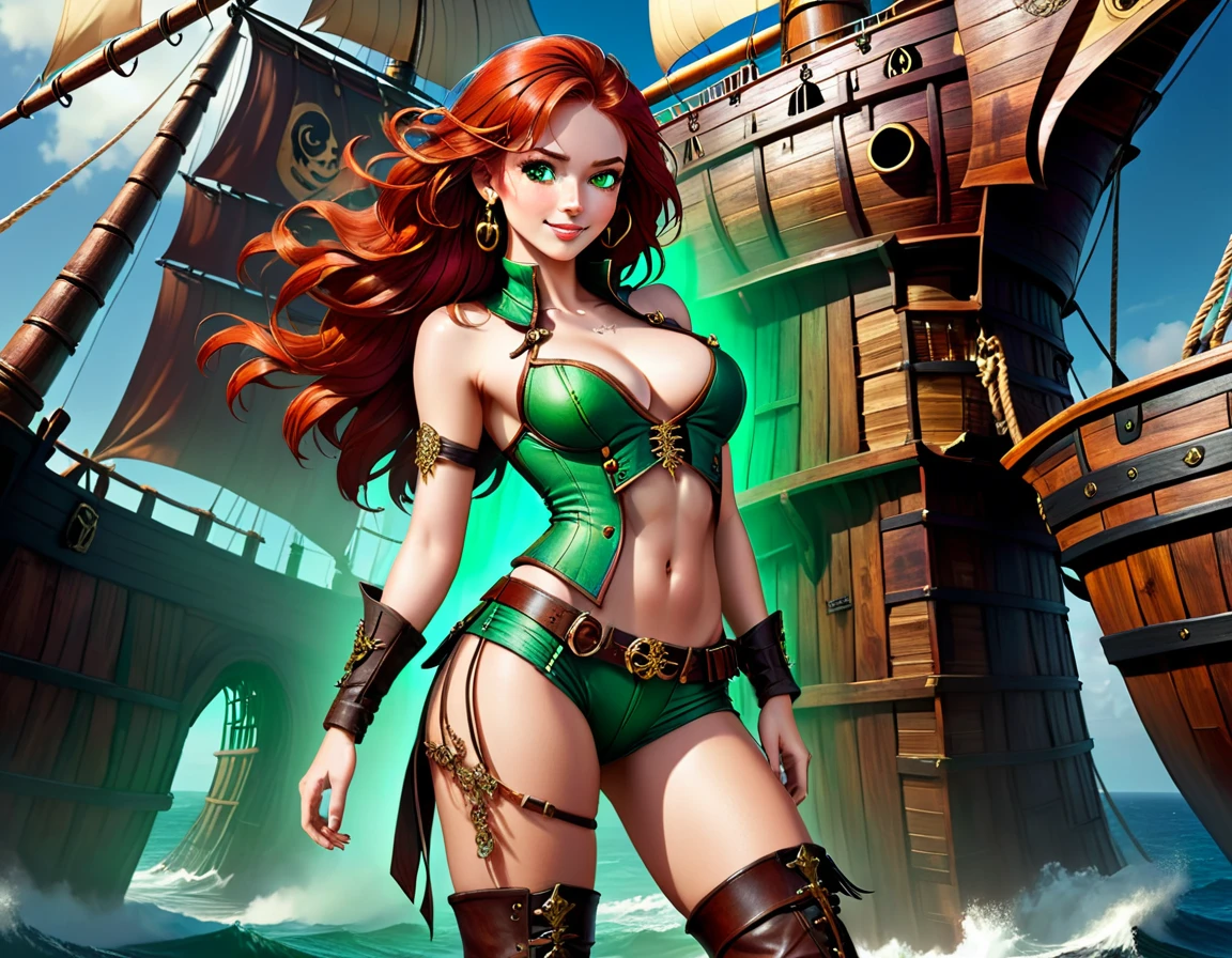 (Artwork), best quality, expressive eyes, perfect face, (pirate ship background), (standing), (smug smile), (close up view), (1 girl, freckled skin, glowing skin, red hair, green eyes, hourglass figure, thin body, skinny body, petite_body, medium breasts, thick thighs, long nails, hoop earrings, bare breasts, black leather corset below the breasts(bare breasts), brown leather shorts, brown boots, cleaver sword sheathed, flintlock pistol in holster, hoop earrings, miscellaneous jewelry) thong straps,((nude breasts))
