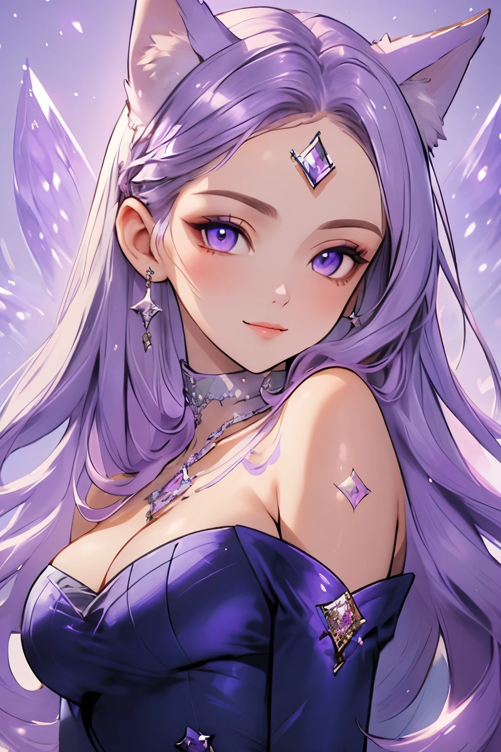 ((best quality)), ((masterpiece)), (detailed), detailed eyes, detailed hands, close up image of her face, female, light purple hair, light purple fox ears, detailed eight-pointed crystal star tattoo on her forehead, delicate and beautiful detailing, beautiful face, well-proportioned detailed purple eyes, round detailed purple eyes and makeup, beautiful detailed and clear purple eyes, volume smooth and sharp, best quality, very beautiful and meticulous eight-pointed crystal star tattoo on her forehead, delicate, must have an eight-pointed crystal star placed on the forehead, mouth closed smile, not fully smiling, gazing out in wonder