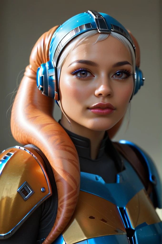 a female twi'lek mandalorian, beautiful detailed eyes, beautiful detailed lips, extremely detailed face, long eyelashes, mandalorian armor, sci-fi, cinematic lighting, dramatic, epic, intricate details, hyper-realistic, 8k, high-quality, photorealistic