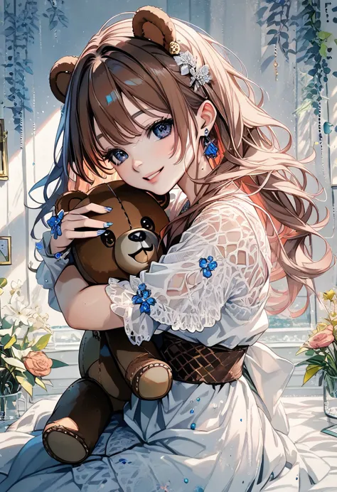 ((antique:1.5)),((hugging a teddy bear:1.5)),(teddy bear),beautiful and cute woman,1 female,solo,sharp features,sophisticated,((...