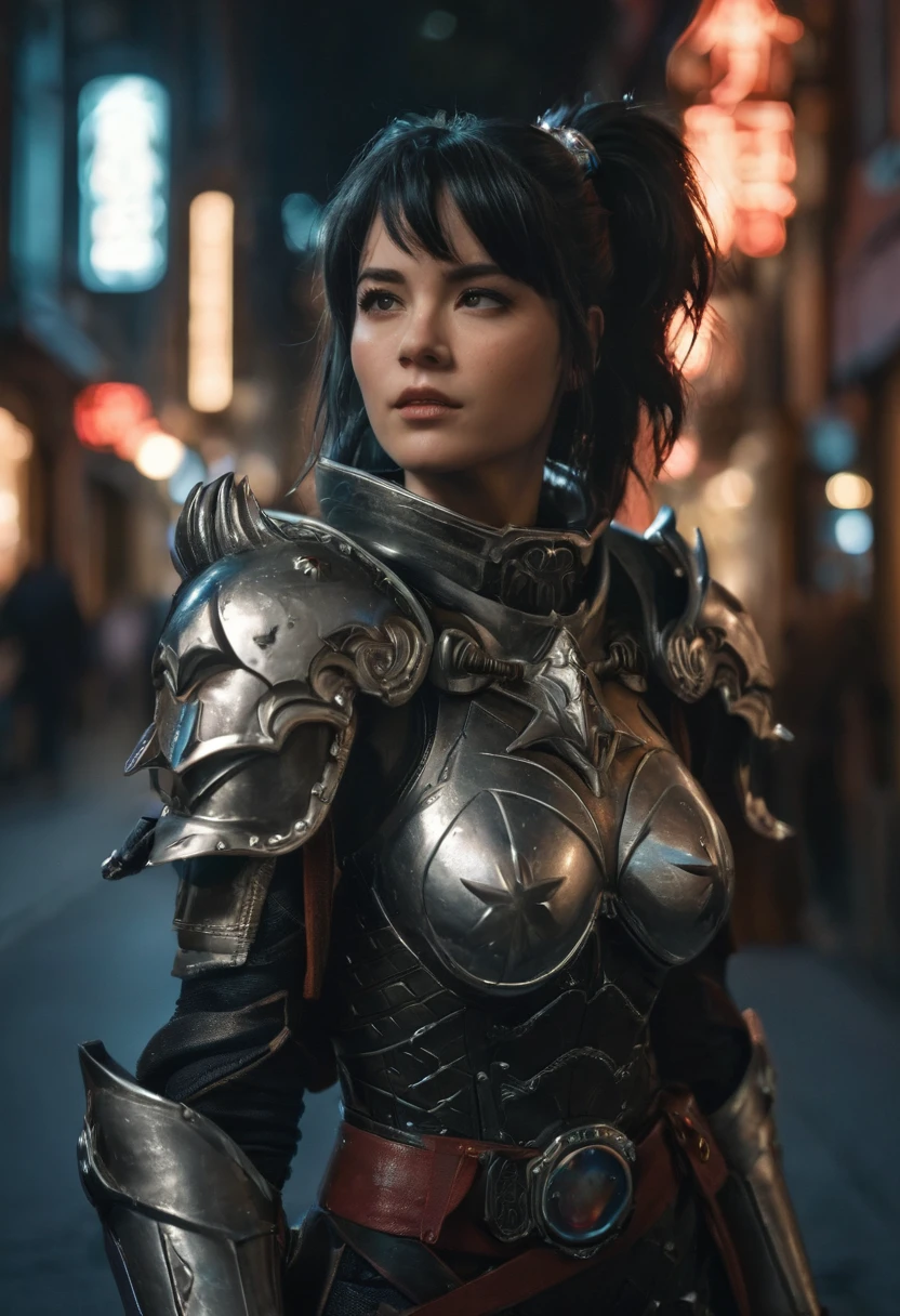 (realistic analog style sharp focus 8k raw photo with soft lighting and high quality:1.1), (hdr film grain:1.2),movie poster, a cute woman wearing a shiny (textured:1.2) (intricate:1.2) cyborgcosplay in a dark street at night, (cinematic hairstyle:1.2)
