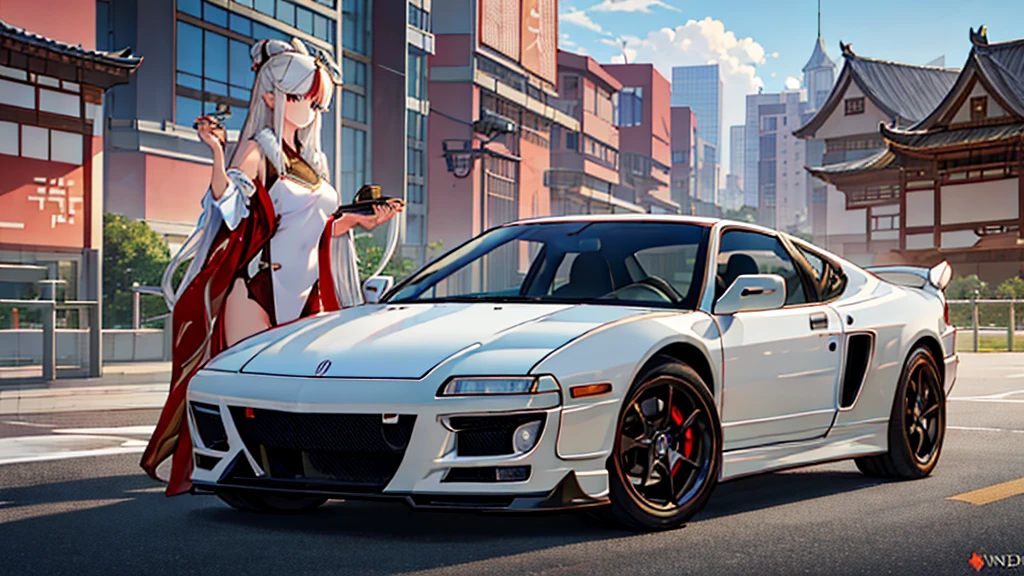 a casual Ningguang from impacto genshin in casual clothes stands next to her 1991 Acura nsx, fundo branco, image inspired by impacto genshin, Detalhes altamente detalhados e intrincados, Ningguang, impacto genshin, Ningguang_genshin, carro desportivo japonês, Olhando para o visualizador, veículo motorizado, de pé, de pé next to car, fundo branco, obra de arte, melhor qualidade, bela iluminação, 1 garota, Sozinho, corpo todo, plano amplo, roupa branca, Carro branco, 1 garota,absurdos, alta resolução, ultra-afiado, 8K, obra de arte, Olhando para o visualizador