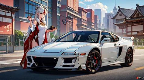 a casual ningguang from genshin impact in casual clothes stands next to her 1991 Acura nsx, white background, image inspired by ...