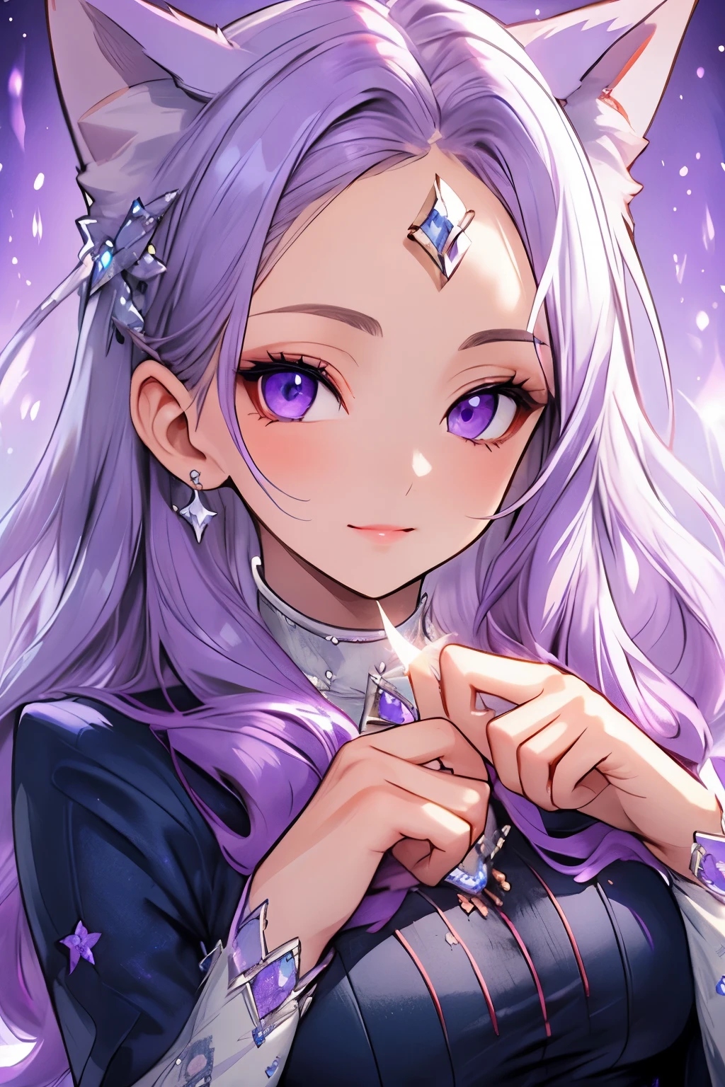 ((best quality)), ((masterpiece)), (detailed), detailed eyes, detailed hands, close up image of her face, female, light purple hair, light purple fox ears, detailed eight-pointed crystal star tattoo on her forehead, delicate and beautiful detailing, beautiful face, well-proportioned detailed purple eyes, round detailed purple eyes and makeup, beautiful detailed and clear purple eyes, volume smooth and sharp, best quality, very beautiful and meticulous eight-pointed crystal star tattoo on her forehead, delicate, must have an eight-pointed crystal star placed on the forehead, mouth closed smile, not fully smiling, gazing out in wonder