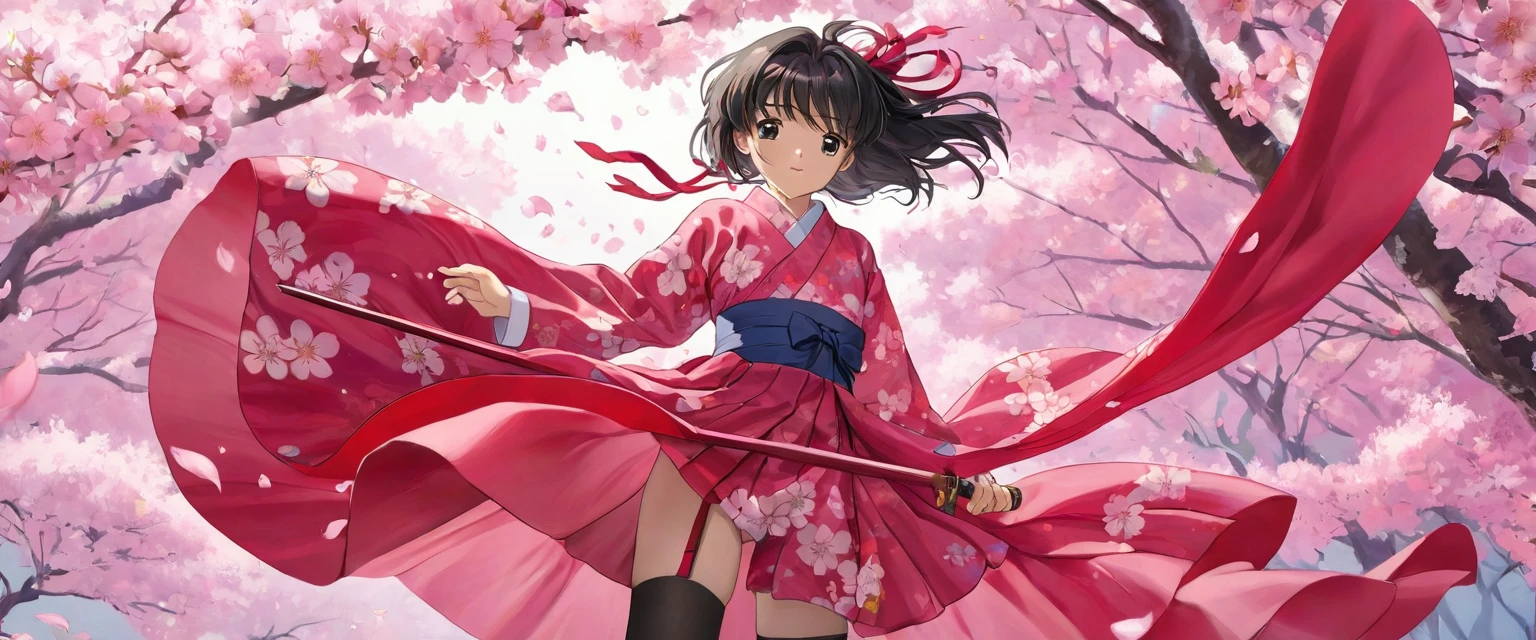 10 year old girl underwear, Sakura Shinguji、Realistic bloomers made from patterned cotton fabric, Japanese clothing and hakama, Fabric Realism, Low - Angle, I see bloomers, Pull up the dress by hand, Strong winds, Translucent slip, Translucent slip, tights, Highest quality,  whole body、Black Hair、Holding a sword、Big ribbon in hair