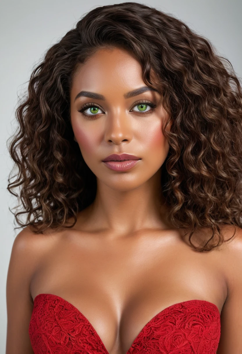 Woman wore red dress torn in flames. Completely Arafed woman with green eyes, eyes open and head held high. Confident pose, confident pose, beautiful young black woman with dark skin, Brazilian mixed race black woman, beautiful 30 year old Afro-Latina girl, beautiful African and Latin woman, Brazilian and Angolan descent, a black woman, mixing African and indigenous features, a unique mix of indigenous, African and European ebony. The hair is extremely curly, with well-defined and voluminous curls. The natural texture. Her hair is long, falling in voluminous waves around her shoulders and down her back. The hair has a lot of volume, creating a full, dense appearance. The hair is red, a shade of red. green eyes, eye is green, expressive green eyes, beautiful green eyes, realistic green eyes, detailed green eyes (eyeliner, long eyelashes). Perfect eyebrows and they are thick. the nose is small and proportional, beautiful face. Attractive and irresistible mouth, well-defined lips, full lips, voluminous lips, seductive lips. The face is oval, with high cheekbones and a well-defined chin, a beautiful and detailed face. Professional, dramatic makeup, a more impactful look with shadows that accentuate the captivating look, striking makeup, with eyeliner, black lipstick. Skin tone: Olive skin, healthy and even glow, with olive skin, dark skin, sexy girl with olive skin, detailed skin texture, beautiful and glowing skin, intricate details, smooth skin, healthy and radiant appearance. A woman has a well-defined and athletic body. Her silhouette is shapely, highlighting a thin waist in contrast to fuller hips and bust. She has a prominent bust, with large, firm breasts, silicone breasts, voluminous breasts. Thin waist. The hips are wide and well-defined, with a pronounced hourglass shape and a large butt. The legs are long and muscular, with well-defined thighs. 50 mm lens, f/2.8, hdr, (8K) RAW photo, high quality resolution 8K uhd, dslr, 2k, 4K, 8K, 16K.