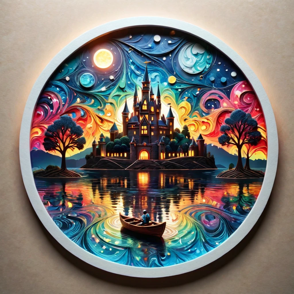 Paper cut-in art (((work of art))),best qualityer, illustration,  sky, nube, water, star \(Symbol\), tree, sin humanos, natta, bird, moonligh, building, star \(sky\), natta sky, Scenario, starry sky, watercraft, castle, To send, ripples, tower, rowboat. vibrant color scheme, smooth light,(warm color:1.2),Watercolor painting, light background, best qualityer exquisite details,3D rendering,octane rendering, cake, paper_cut-in