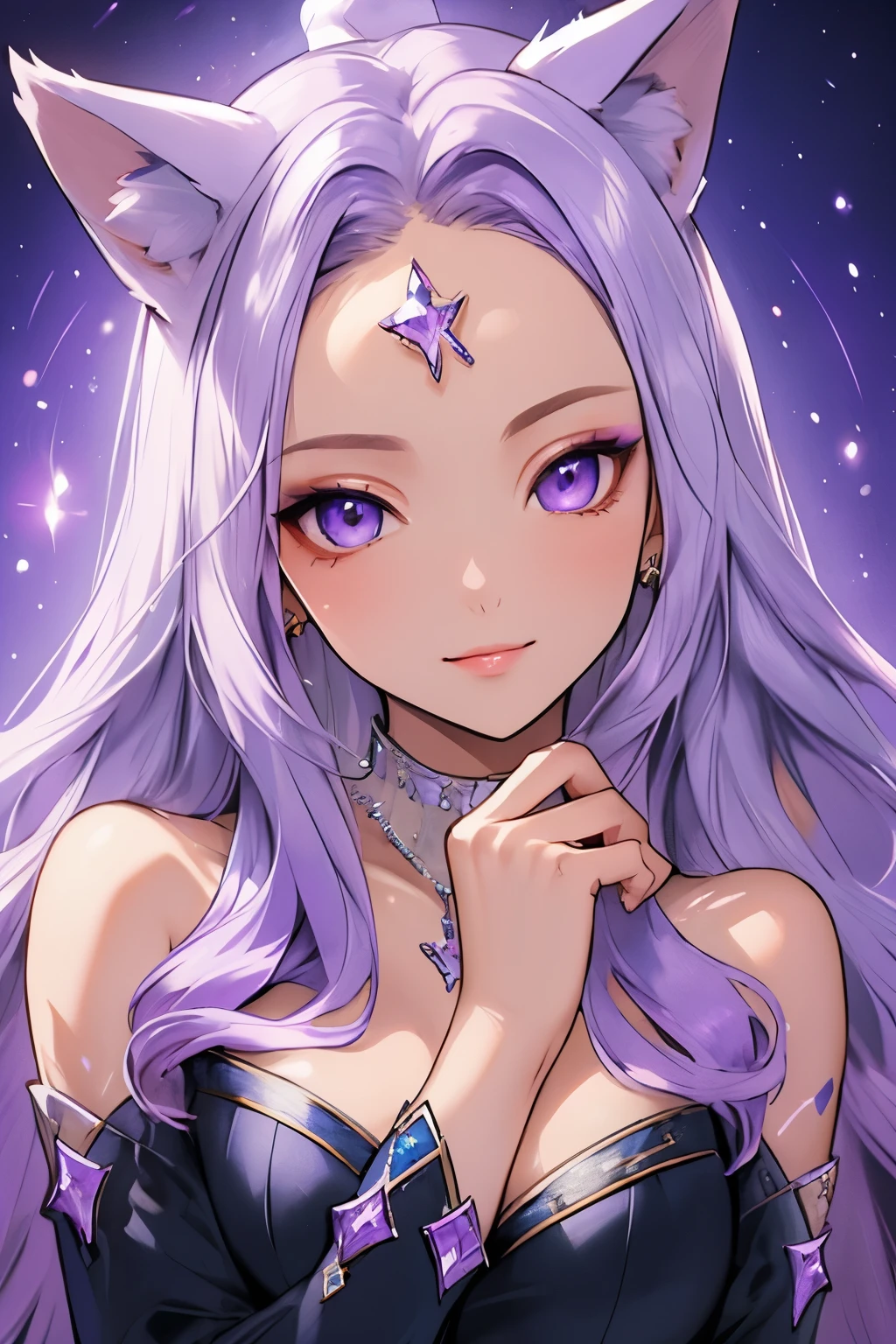 ((best quality)), ((masterpiece)), (detailed), detailed eyes, detailed hands, close up image of her face, female, light purple hair, light purple fox ears, detailed eight-pointed crystal star tattoo on her forehead, delicate and beautiful detailing, beautiful face, well-proportioned detailed purple eyes, round detailed purple eyes and makeup, beautiful detailed and clear purple eyes, volume smooth and sharp, best quality, very beautiful and meticulous eight-pointed crystal star tattoo on her forehead, delicate, must have an eight-pointed crystal star that is placed on the forehead, mouth closed smile, not fully smiling, gazing out in wonder