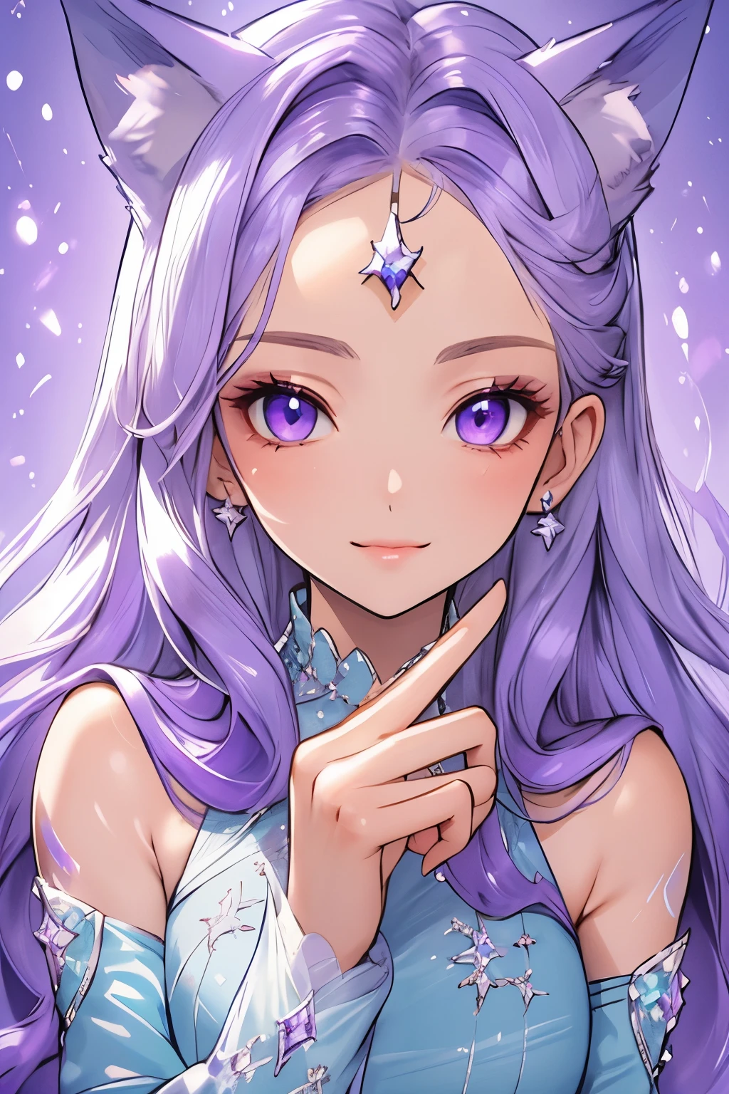 ((melhor qualidade)), ((obra de arte)), (detalhado), detalhado eyes, detalhado hands, close-up da imagem do seu rosto, fêmea, cabelo roxo claro, orelhas de raposa roxas claras, detalhado eight-pointed crystal star tattoo on her forehead, delicado and beautiful detailing, rosto bonito, well-proportioned detalhado purple eyes, round detalhado purple eyes and makeup, beautiful detalhado and clear purple eyes, volume suave e nítido, melhor qualidade, tatuagem de estrela de cristal de oito pontas muito bonita e meticulosa na testa dela, delicado, deve ter uma estrela de cristal de oito pontas que é colocada na testa, Sorriso de boca fechada, não sorrindo totalmente, olhando para fora com admiração