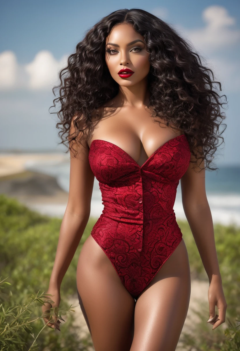 Woman wore red dress torn in Flames. Completely AraFed woman with 綠眼睛, 睜開眼睛，昂首挺胸. ConFident pose, conFident pose, beautiFul young black woman with 暗黑皮膚, 巴西混血黑人女性, beautiFul 30 year old AFro-Latina girl, beautiFul AFrican and Latin woman, 巴西和安哥拉血統, 一個黑人婦女, mixing AFrican and indigenous Features, a unique mix oF indigenous, AFrican and European ebony. 頭髮特別卷, with well-deFined and voluminous curls. 自然的質感. 她的頭髮長, Falling in voluminous waves around her shoulders and down her back. The hair has a lot oF volume, creating a Full, 外觀緻密. 头发是红色的, a shade oF red. 綠眼睛, 眼睛是綠色的, expressive 綠眼睛, beautiFul 綠眼睛, realistic 綠眼睛, detailed 綠眼睛 (眼線, 長長的睫毛). PerFect eyebrows and they are thick. 鼻子小且比例勻稱, beautiFul Face. 迷人又難以抗拒的嘴巴, well-deFined lips, Full lips, 厚厚的嘴唇, 誘人的嘴唇. The Face is oval, with high cheekbones and a well-deFined chin, a beautiFul and detailed Face. ProFessional, 戲劇化的妝容, a more impactFul look with shadows that accentuate the captivating look, 引人注目的妝容, with 眼線, 黑色口紅. 膚色: 橄欖色皮膚, 健康均勻煥發光彩, 橄欖色皮膚, 暗黑皮膚, sexy girl 橄欖色皮膚, 細緻的皮膚紋理, beautiFul and glowing skin, 複雜的細節, 光滑的皮膚, 健康容光煥發的外觀. A woman has a well-deFined and athletic body. 她的剪影很勻稱, highlighting a thin waist in contrast to Fuller hips and bust. 她有一個突出的胸圍, 與大, Firm breasts, 硅胶乳房, 豐滿的乳房. 細腰. The hips are wide and well-deFined, 具有明顯的沙漏型身材和大屁股. 腿又長又肌肉發達, with well-deFined thighs. 50毫米鏡頭, F/2.8, 高動態範圍, (8K) 原始照片, 高品質解析度 8K 超高清, 單眼相機, 2k, 4k, 8K, 16k.