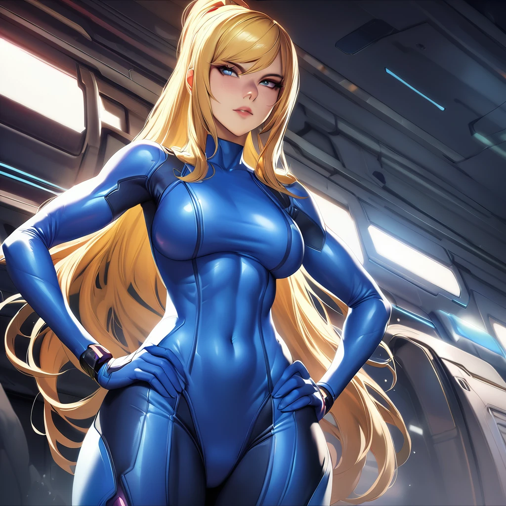 masterpiece, Highest quality, One girl, (neoartcore:0.25), High quality CG Def Samus, Blonde, Bodysuits, Blue clothes, Blue gloves,, Cowboy Shot, Hands on hips, Look to the side, Futuristic