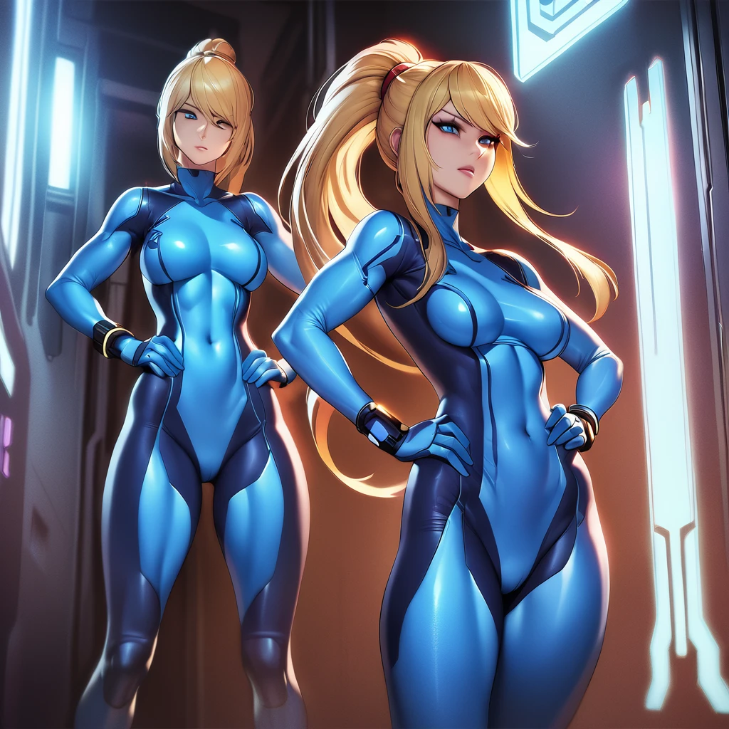 masterpiece, Highest quality, One girl, (neoartcore:0.25), High quality CG Def Samus, Blonde, Bodysuits, Blue clothes, Blue gloves,, Cowboy Shot, Hands on hips, Look to the side, Futuristic