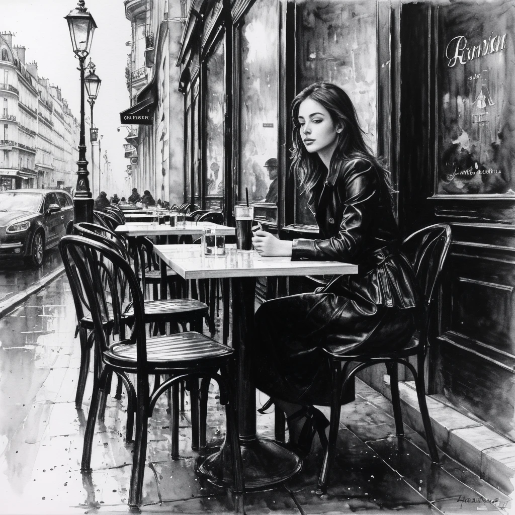 charcoal drawing, crayons, black drawing pencil, drawing pencil, colourful drawing, graphite drawing, posters, close up, Full length, beautiful young woman sitting in a Parisian street cafe, portrait of Willem Henraets, water colour, wet-on-wet and splash technique, downtown, perfect composition, Abstraction, surrealism charcoal drawing, painting in the style of artists like Russ Mills, sakimichan, failure, Leush, artgerm, Darek Zabrocki e Jean-Baptiste Monge,