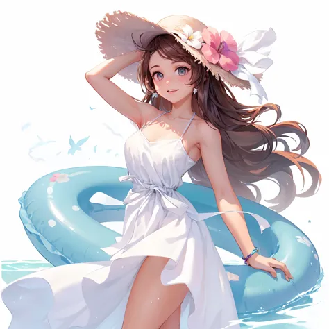 half-length view，a beautiful girl，swim ring in hand，wearing a white beach dress，wearing a hat，side profile looking into the dist...