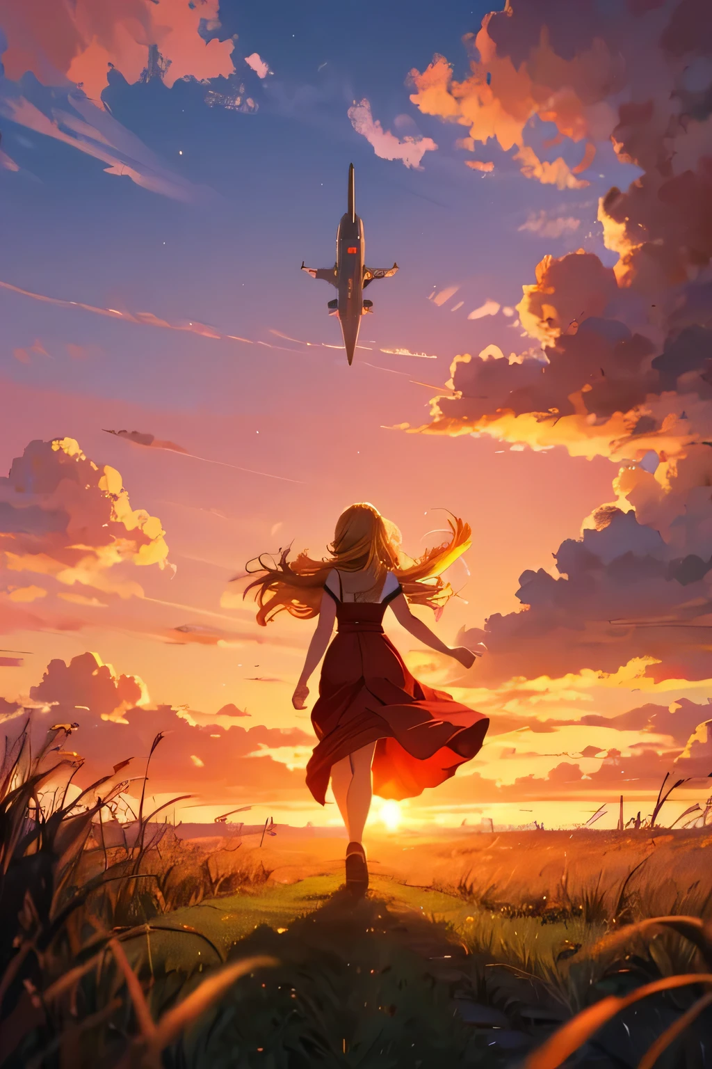 a girl with golden hair and a red sundress runs away, runs forward, into the distance, rear view. A field, tall grass, and Slavic spaceships are visible in the sky. Sky sunset, clouds