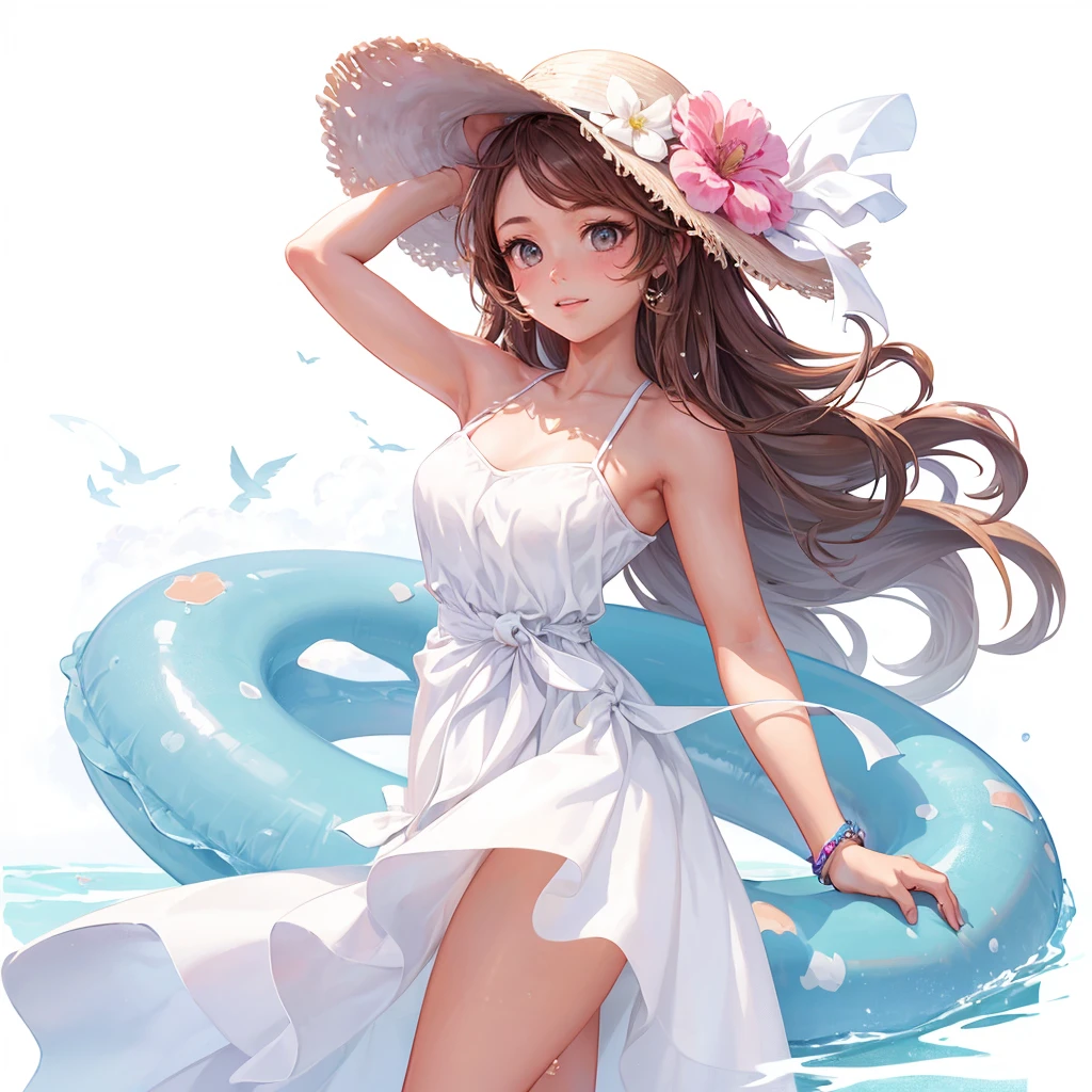  Half-length view，A beautiful girl，Swim ring in hand，Wearing a white beach dress，Wearing a hat，Side profile looking into the distance，sideways，Raise your hand，Posing for photos，Side View，Summer Clothes，Filming，Idle game icons，High-definition characters，Digital character illustration，Disney art style、 The hero&#39;s image in Clash Royale，Realistic Characters，Character style，Backlight，Charming character illustration style，The best quality of masterpieces，，Clean background IW 2 ，Super Detail，16K，Textured Skin，High Detail，3D Rendering，Ray Tracing，Octane renderer，Blender renderer，C4D Renderer Aspects 9： 16 -- less than 5 -- with 180