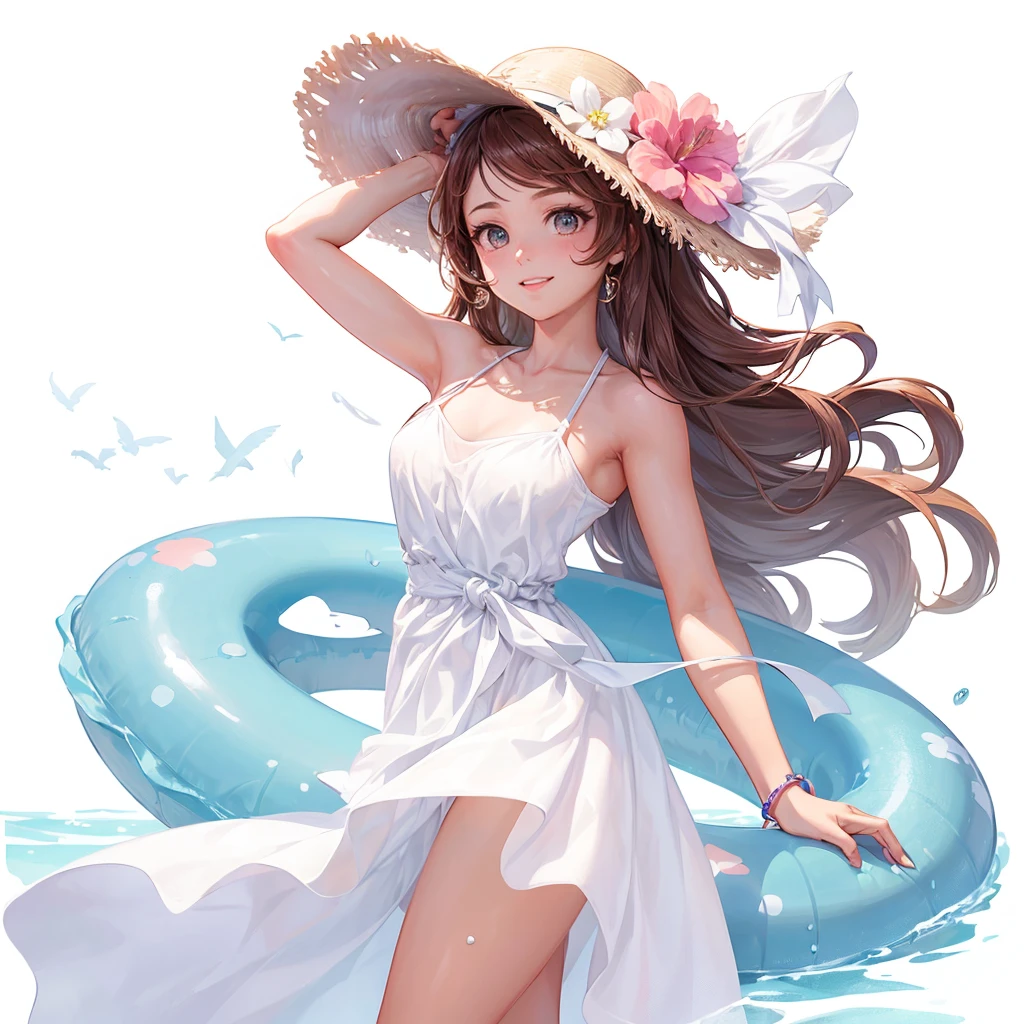  Half-length view，A beautiful girl，Swim ring in hand，Wearing a white beach dress，Wearing a hat，Side profile looking into the distance，sideways，Raise your hand，Posing for photos，Side View，Summer Clothes，Filming，Idle game icons，High-definition characters，Digital character illustration，Disney art style、 The hero&#39;s image in Clash Royale，Realistic Characters，Character style，Backlight，Charming character illustration style，The best quality of masterpieces，，Clean background IW 2 ，Super Detail，16K，Textured Skin，High Detail，3D Rendering，Ray Tracing，Octane renderer，Blender renderer，C4D Renderer Aspects 9： 16 -- less than 5 -- with 180