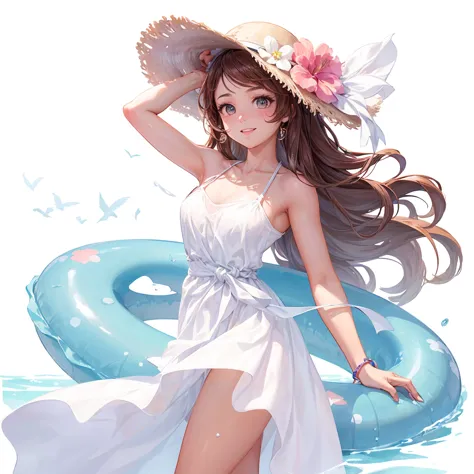 half-length view，a beautiful girl，swim ring in hand，wearing a white beach dress，wearing a hat，side profile looking into the dist...