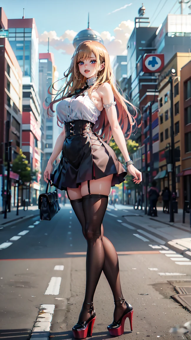 ((masterpiece, high resolution, better quality, better details)), ((Marin Kitagawa)), ((Smiling)), ((one girl)) a girl modeling standing in the city, mini skirt, blouse, ((big neckline)), ((platform high heels)), pink eyes with black outline, (light blonde hair, straight hair, straight bangs, long hair)), long nails, pink nails, (((curvy body))), shiny skin, ((side view)), solo, bare shoulders, full body, focus full body, high heels, ((black stockings)),