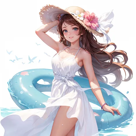 half-length view，a beautiful girl，swim ring in hand，wearing a white beach dress，wearing a hat，side profile looking into the dist...