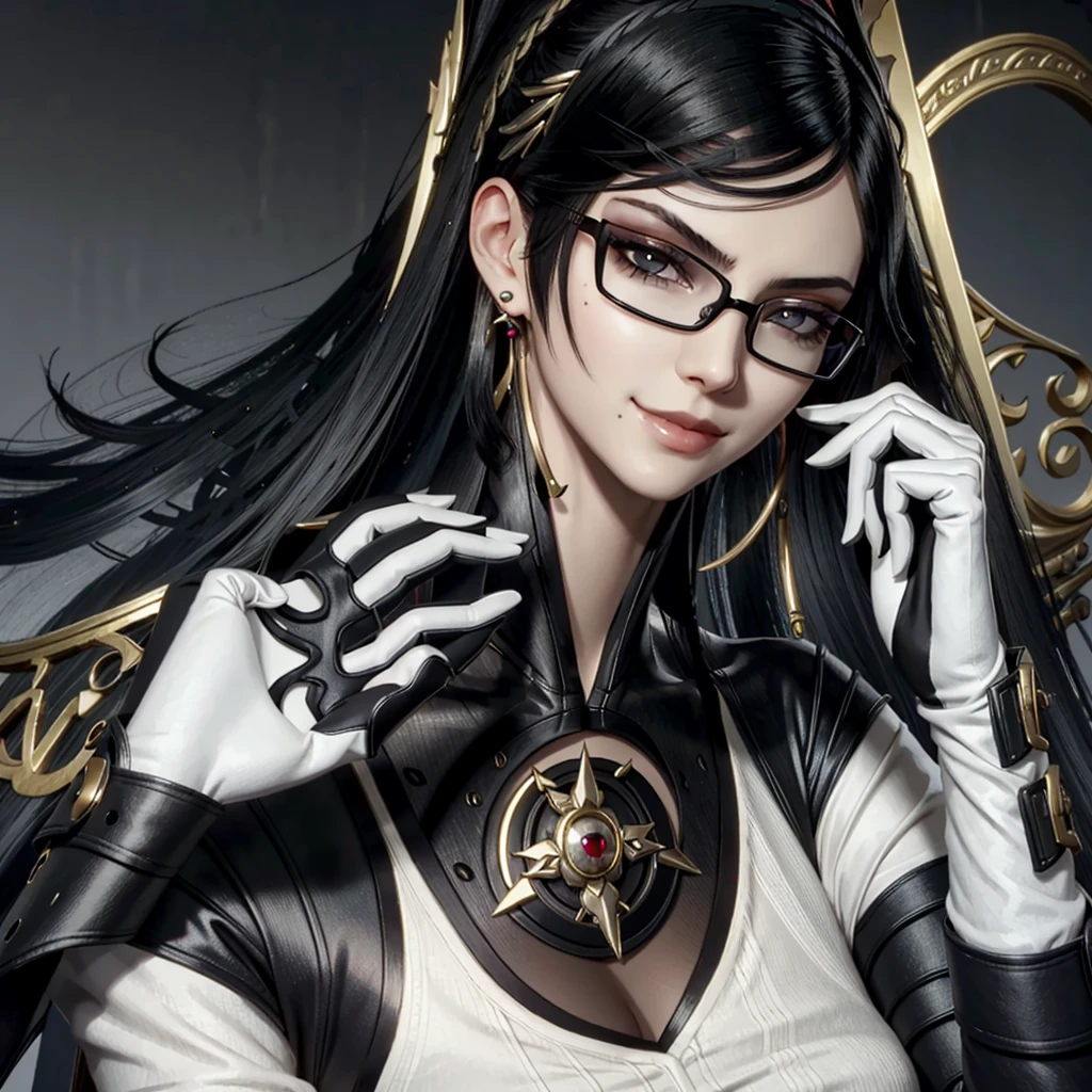 Bayo, Bayonetta, 1 girl, alone, Mole under mouth, Glasses, Black Hair, Mole, jewelry, Compensate, Earrings, smile, eye shadow, Portraiture, Long Hair, lips, lipstick, Grey Eyes
