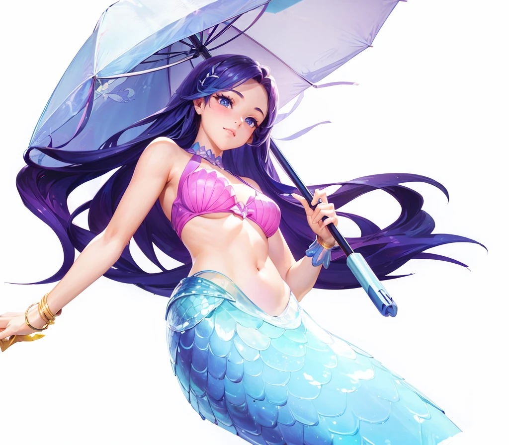  Half-length view，A beautiful girl，Mermaid，Hold an umbrella in hand，Look down，Profile，sideways，Raise your hand，Posing for photos，Side View，Swimsuit，Mermaid，Filming，Idle game icons，High-definition characters，Digital character illustration，Disney art style、 The hero&#39;s image in Clash Royale，Realistic Characters，Character style，Backlight，Charming character illustration style，The best quality of masterpieces，，Clean background IW 2 ，Super Detail，16K，Textured Skin，High Detail，3D Rendering，Ray Tracing，Octane renderer，Blender renderer，C4D Renderer Aspects 9： 16 -- less than 5 -- with 180