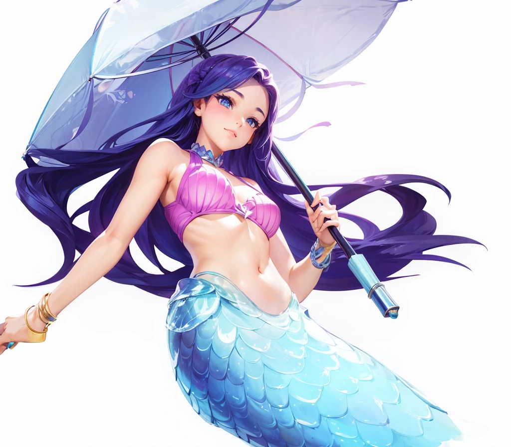  Half-length view，A beautiful girl，Mermaid，Hold an umbrella in hand，Look down，Profile，sideways，Raise your hand，Posing for photos，Side View，Swimsuit，Mermaid，Filming，Idle game icons，High-definition characters，Digital character illustration，Disney art style、 The hero&#39;s image in Clash Royale，Realistic Characters，Character style，Backlight，Charming character illustration style，The best quality of masterpieces，，Clean background IW 2 ，Super Detail，16K，Textured Skin，High Detail，3D Rendering，Ray Tracing，Octane renderer，Blender renderer，C4D Renderer Aspects 9： 16 -- less than 5 -- with 180